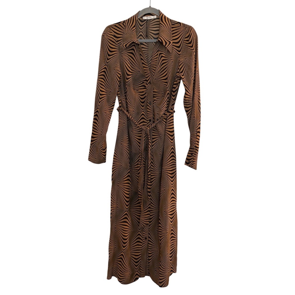 Mango MNG Zebra Print Soft Midi Shirt Dress Brown Black Long Sleeve Size 6 Fall
